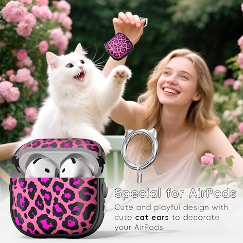 Image of for AirPods 4 Case with Cleaning Kit, Cute Cat Ear Print Design & Cute Buckle, Inverted Phone Holder Design, Top Safe Lock Buckle Design, for Girls AirPods 4 case 2024, Rose Leopard