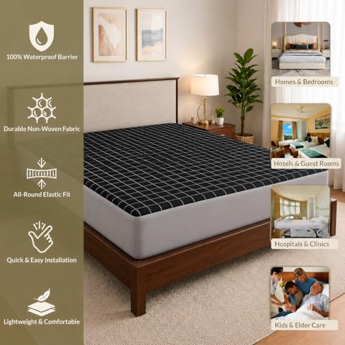 Image of Premium 100 Percent Waterproof Mattress Protector with Zipper Non-Woven | Hypoallergenic Mattress Cover Soft Zipper Bed Protector for Single Size Bed 36x72 Inch Fit On 10 Inch 3X6 Feet, Grey Checks