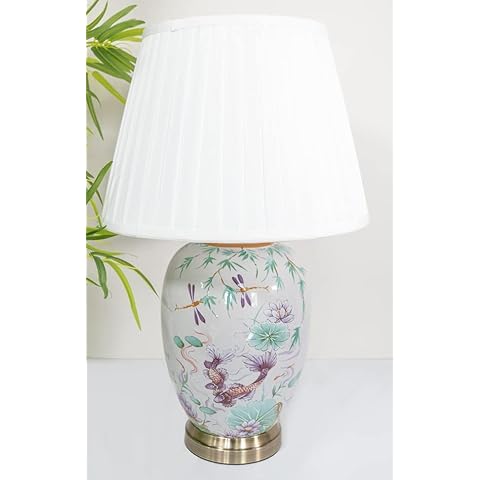 DOWNTON INTERIORS Large Grey Green Pink Koi Fish Chinese Oriental Ceramic Porcelain Table Lamp Overall Height 56cm (G2102) (White Pleated Shade) Cover