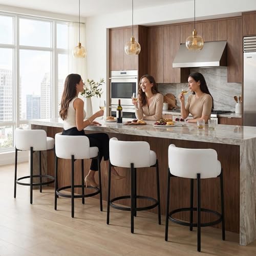 Image of LukeAlon Modern PU Leather Counter Stools Set of 4, Upholstered 26 inch Seat Height Barstools with Black Metal Legs Round Low Back Kitchen Stools with Footrest for Dining Room Small Places, Cream White