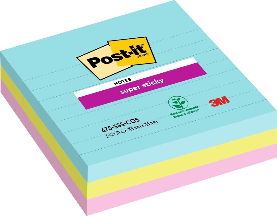 Post-itSuper Sticky Large Notes, Cosmic Collection, Lined, 101 mm x 101 mm, 90 Sheets/Pad, 3 Pads - Self-Stick Notes for Note Taking, to Do Lists & Reminders