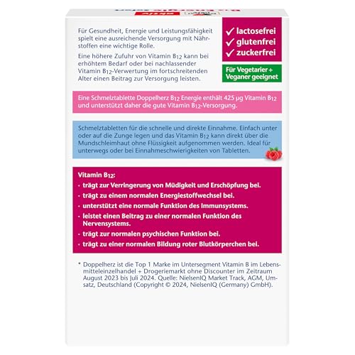 Doppelherz B12 Energie Sofort – Vitamin B12 trägt zur Verringerung von Müdigkeit und Erschöpfung bei – Vegan und hochdosiert – 30 Schmelztabletten