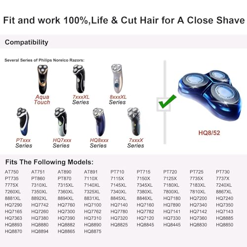 Image of HQ8 Replacement Blades for Norelco Shavers Compatible with Philips Norelco Aquatec Heads, HQ8 Heads New Upgraded