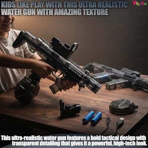 Image of VikriDA MK3 Rechargeable Electric Water Gun with LED Lights Free Extra Battery 25-32 ft Long Range Water Blaster for Kids & Adults Summer Pool Toy, Beach Water Shooter for Summer Fun