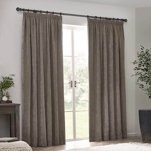 furn. Yard Heavy Chenille Pencil Pleat Curtain Pair – Lined Room Darkening Soft Velvet Curtains (Greige - Width 168 x Drop 229cm) - Image 5