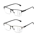 Multifocus Reading Glasses Men Progressive Multifocal Blue Light Computer Reader Half Frame Metal Extra Wide Eyeglasses No Line Bifocals Large Designer Cheaters Transition Square Eyewear 2packs 2.75