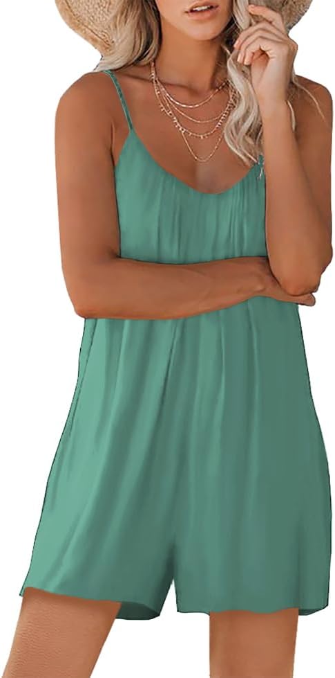 Women Casual Jumpsuits Summer Sleeveless Romper Shoulder Strap Loose Adjustable Stretchy Shorts Rompers with Pockets - Image 2