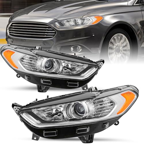 SOCKIR Projector Headlight Assembly Fit for 2013-2016 Ford Fusion OE Style Headlamp Replacement Passenger & Driver Side (Chrome Housing Amber Reflector)