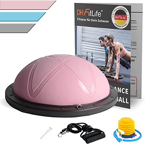 DH FitLife Balance Ball Yoga Balance Trainer Φ 60 x 22 cm à 200 kg Charge maximale Demi-ballon de gymnastique Fitness Planche d'équilibre avec pompe et 2 bandes de fitness Rose Cover