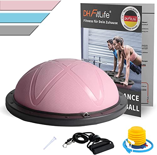 DH FitLife Balance Ball, Yoga Balance Traininer Φ60*22cm bis 200 KG belastbar, media pelota de gimnasia, tabla de equilibrio con bomba y 2 bandas de fitness, color rosa