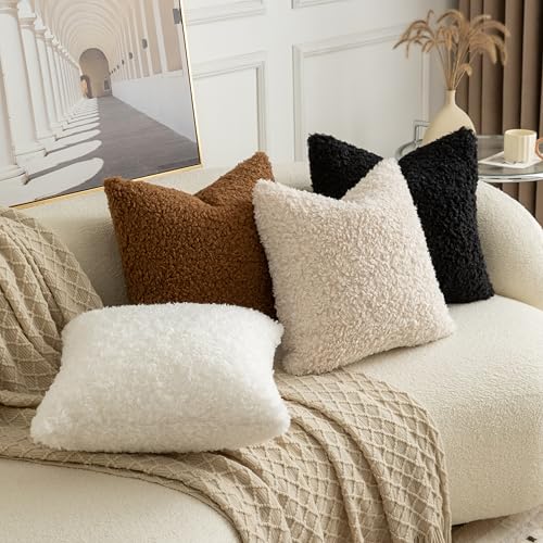 Image of Pack of 2 Curly Teddy Wool Faux Fur Throw Pillow Covers Fuzzy Accent Soft Sherpa Pillowcases Sheepskin Fleece Decorative Cushion Case for Sofa Couch Living Room 12x20 Inch Black