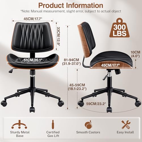 Image of Ergonomic Armless Office Desk Chair - Mid-Century Modern Black Faux Leather with Diamond Stitch, Adjustable Height Swivel Rolling Task Computer Chair with Walnut Accent for Home Office, Study & Work