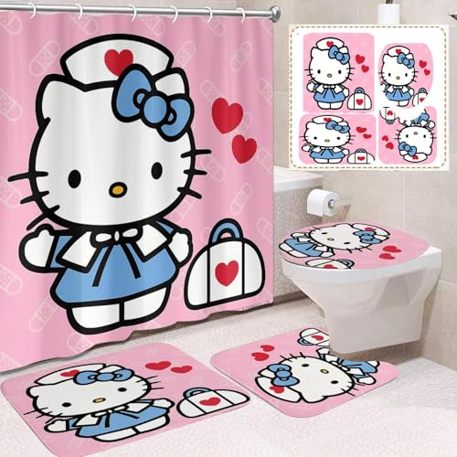 Cute for Kitty Shower Curtain Set 4 Piece with Non-Slip Rugs Toilet Lid Cover and Bath Mat Cartoon Bathroom Decor 72 x 72inch (KT001)