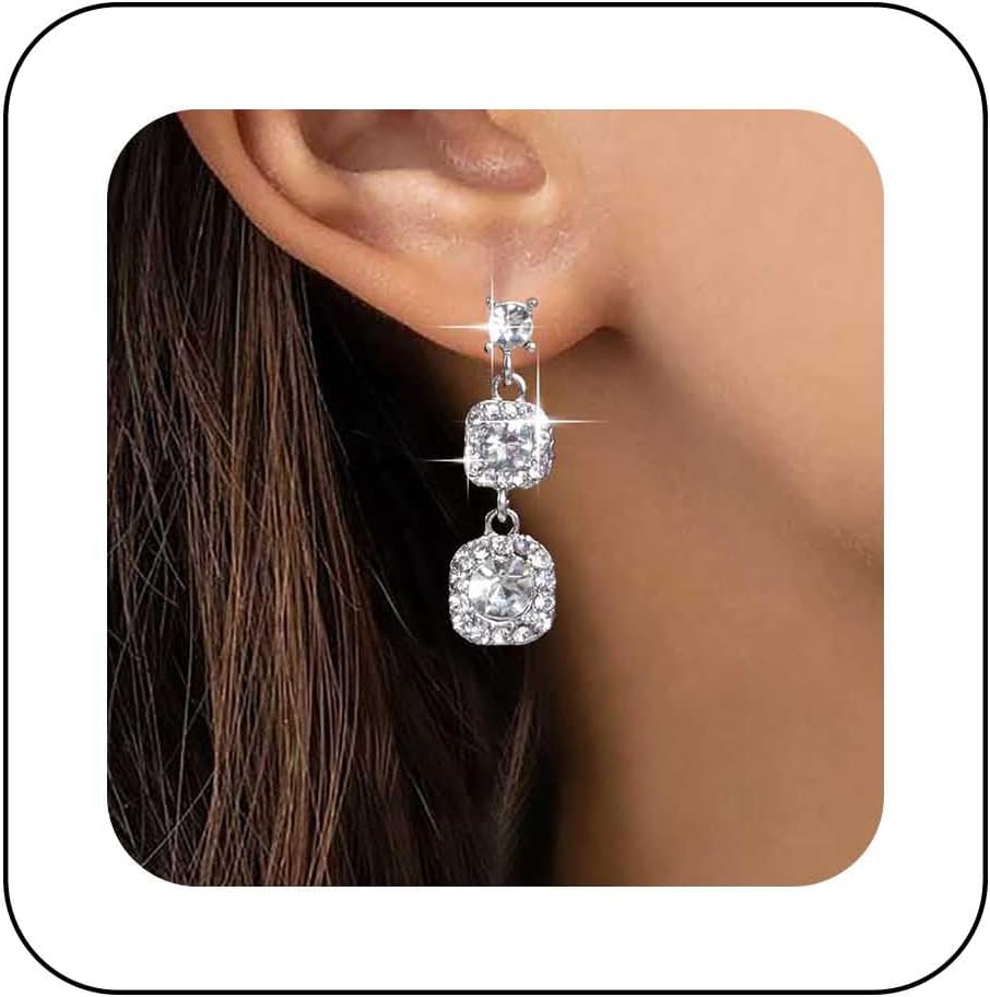 Boho Cz Crystal Dangle Earrings Silver Gemstone Stud Earrings Long Cz Drop Earrings Crystal Square Earrings Bride Cz Earrings Jewelry for Women