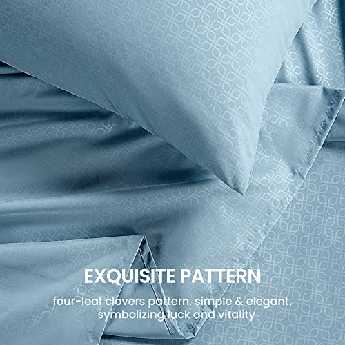 SLEEP ZONE Luxury Embossed Twin Bed Sheets Set for Kids, Four-Leaf Clover Pattern Sheet & Pillowcase Sets 3 Piece - Super Soft, Wrinkle Free, Fade Resistant, Deep Pocket 16" (Flint Blue, Twin)