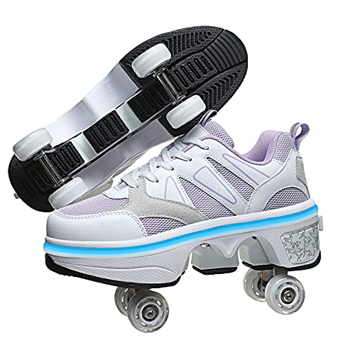 Image of 2-in-1 Roller Skates & Sneakers Unisex Retractable Wheels Outdoor Fun & Fitness Kick Roller Shoes Purple, Inline Skate Wheel