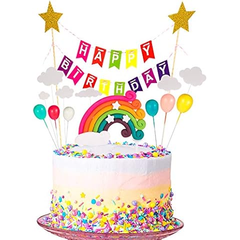 Gaosaili Rainbow Cake Decorations Happy Birthday Cake Topper Bunting with 6pcs Mini Balloon Sticks and Rainbow Cake Topper Cupcake for Boys and Girl Birthday Party Supplies Cover