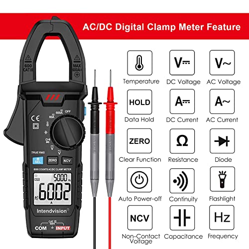 Intendvision Ac/Dc Digital Clamp Meter T-Rms 6000 Counts, Multimeter Voltage Tester Auto-Ranging, Ncv Ac Dc Current Voltage Resistance Capacitance Frequency Diode Temperature Measure Tester #TOP2