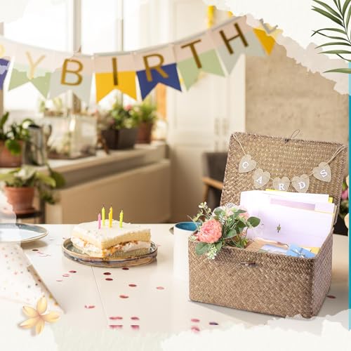 Image of Geelin Sea Grass Wedding Card Basket With Letter Flag Decorative Wedding Card Woven Post Box Suitable For Baby Showers Birthdays Graduation Ceremonies Bridal Showers(14 Inch,Coffee)
