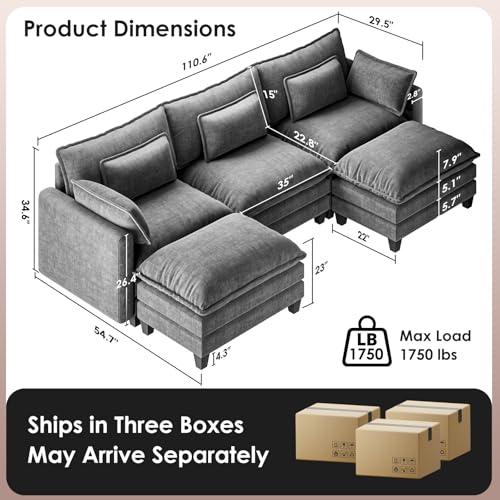 Image of Marsail Modular Sectional Sofa 110.6 inch U-Shaped Modern Comfy Cloud Couch, 5-Seat Chenille Deep Seat Sofa with Throw Pillow & Movable Ottoman for Living Room, Bedroom and Apartment, Grey