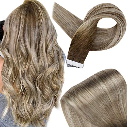 Fshine Tape in Hair Extension 18 Inch Blonde Human Hair Seamless PU Tape in Hair Ombre Color 3 Dark Brown Fading to 6 and 22 Remy Human Hair Adhesive Tape in Extensions 20 Pcs 50 Gram Real Hair