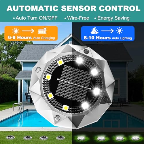 10 Pack Solar Ground Lights Outdoor, IP65 Waterproof Diamond LED Garden Lights - Auto On/Off Pathway Lighting for Driveway, Patio, Lawn & Landscape Decor | 8 Bright LEDs | Cool White - Image 3