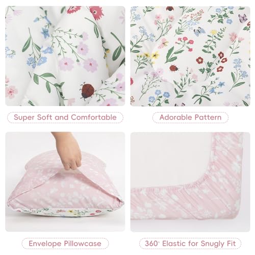 Image of david's kids 4 Piece Toddler Bedding Set - Soft Breathable Toddler Bedding Set for Boys Girls, Includes Quilted Comforter, Flat Sheet, Fitted Sheet and Pillowcase, Garden
