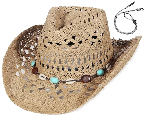 GEMVIE Straw Cowboy Hat for Women Ladies Summer Beach Straw Hat Shapeable Brim Western Cowgirl Sun Hat with Turquoise Band and Chin Strap Khaki