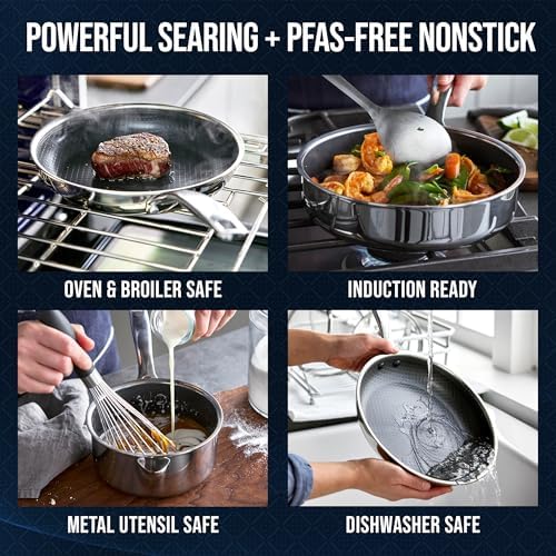 Blue Diamond Hybrid Nonstick Stainless Steel 12 Piece Cookware Set, Tri-Ply PFAS-Free Ceramic Diamond Bond Pots & Pans, Dishwasher & Oven Safe to 850F, Induction Ready, Metal Utensil Safe, Silver - Thumbnail 4