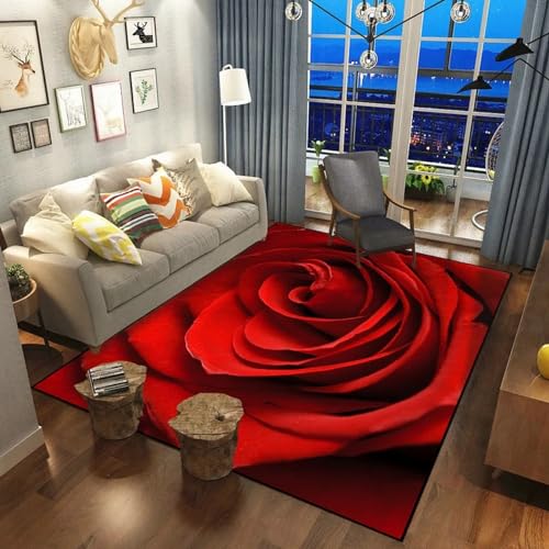 Rote Rosenpflanze 3D-Druck-Schlafzimmerteppich 120 X 180 Cm - Rutschfester Bodenmatten-Teppich Für Innentüren - Weicher Griff - Polyesterfaser - Leicht Zu Reinigen - Geeignet Für Esszimmer, Kü -0M9J7I