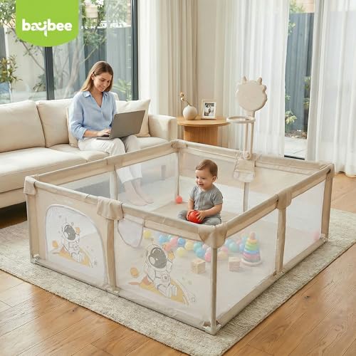 Image of Baybee 200 x 180 CM Kids Playpen for Babies with Basket Ball Hoop | Baby Play Area Indoor Setup with Colourful Balls, Zipper Door & Toys Pouch | Kids Activity Play Gate Fence with Corner Protection | Outdoor play pen for baby for 0 - 5 years Boys Girls (Beige)