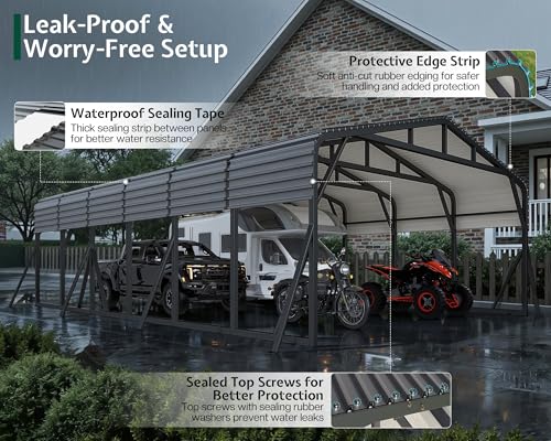 Image of Jocisland 20x30 FT Heavy Duty Metal Carport for Multiple Vehicles, All-Weather Car Canopy with Galvanized Steel Roof & Reinforced Base, Shelter for Full-Sized Pickups, Bass Boats and Tractors
