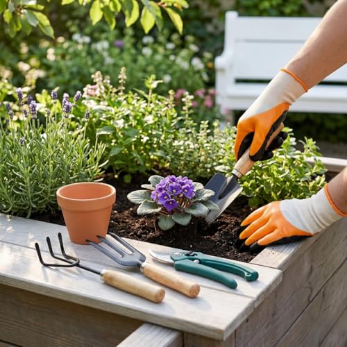 Image of 5 Piece Gardening Tool Set |Wooden Handle Hand Cultivator, Trowel, Garden Fork, Pruner with Flower Cutter and Gloves