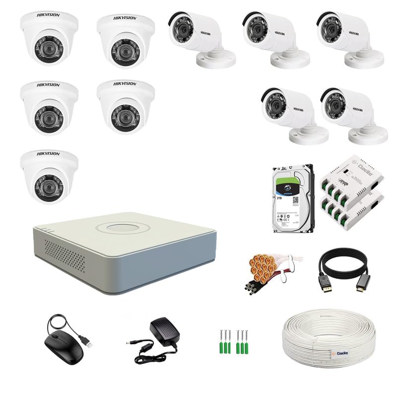 Clocite HIKVISION 16 Channel DVR with 2MP 5 Dome & 5 Bullet Cameras (Day/Night Vision) + 2TB HDD + Cable Roll (1+3) 8 CH Power Supply 2 Nos + BNC & DC Full Combo Kit
