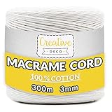Creative DECO 3mm x 300m Cuerda Macramé Hilo Algodón Blanca | Espesor +-0.5 mm | Cordón Rollo Grande Natural Grueso Fuerte Decoración Hornear Cocinar Manualidades Artesanía Bricolaje y Embalaje