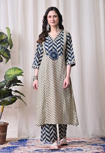 Image of MEERA FAB Women's Cotton Straight Kurta Set, Floral Print with Yoke, with Dupatta and Pants