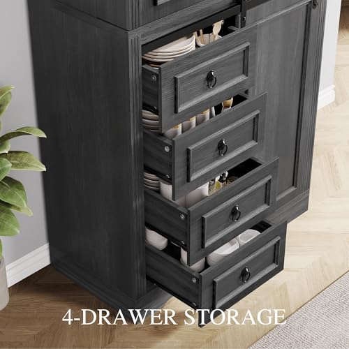 DWVO Kitchen Pantry Storage Cabinet with Barn Doors, Tall Storage Cabinet with 4 Drawers and Adjustable Shelf, Versatile Storage for Living Room, Dining Room or Hallway, Gray Oak