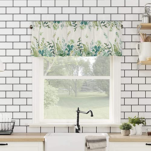 Kitchen Valance Curtain Spring Green Eucalyptus Leaf Farmhouse Rural Summer Rod Pocket Window Valance For Cafe Semi-Sheer Window Treatment Valance For Bedroom Living Room Small Window 54X18In #TOP3