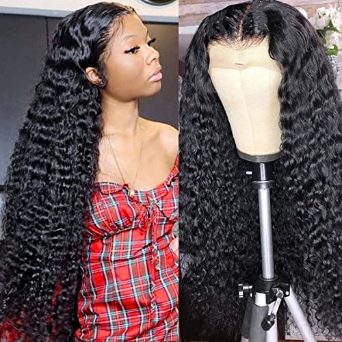 Deep Wave Human Hair Wigs - 4x4 Transparent HD Lace Closure Wigs Human Hair Glueless Lace Front Wigs for Black Women Pre Plucked 150% Density Brazilian Virgin Wet and Wavy Wigs Natural 16 Inch