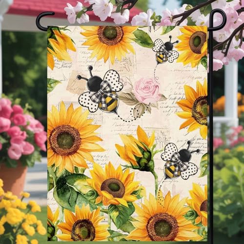 Welcome day Garden Flag for Outside Watercolor Sunflower Bee Bloom Floral Holiday Yard Flag Double Sided, Farm Plant Vintage Letter Outdoor Seasonal Flag for Patio, Porch, Lawn Decoration, 12x18in
