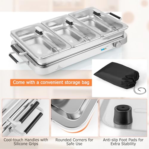 SOARS Warmhaltebehälter elektrisch 450 W, Speisenwärmer mit 3 Behältern & Deckeln, 9L Edelstahl Chafing Dish, 50-150 °C, Buffetwärmer für Partys, Hochzeiten, Restaurants, Inkl. Aufbewahrungstasche – Bild 7