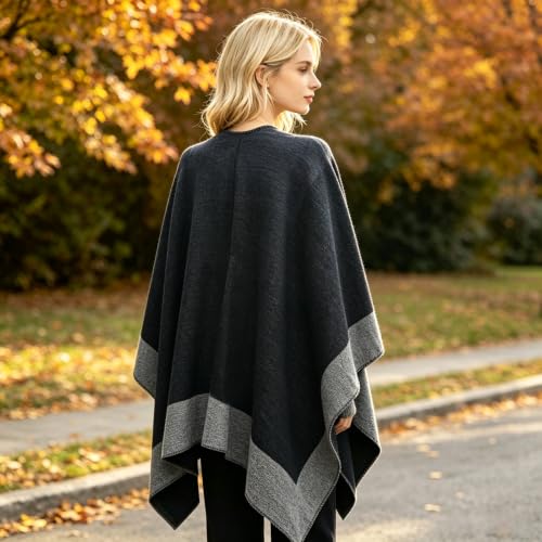 Image of Plaid Shawl Wrap for Women Boho Open Front Poncho Wrap Fall Winter