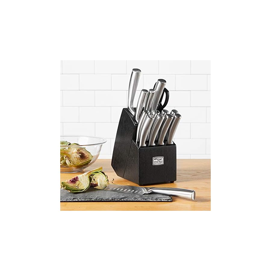 Chicago-Cutlery-Malden-16-Piece-Stainless-Steel-Kitchen-Knife-Set-that-Resists-Rust-Stains-and-Pitting-Kitchen-Knife-Block-Set-with Chicago Cutlery Malden (16-PC) Kitchen Knife Block Set With Wooden Block & Built-In Sharpener, Contoured Handles and Sharp Stainless Steel Professional Chef Knife Set & Scissors