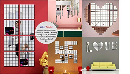 Image of Bikri Kendra - 400 Square Silver Decorative Mirror Stickers for Wall, Wall Mirror Stickers, 3D Acrylic Stickers Wall Stickers for Hall Room, Bed Room, Kitchen Living Room Kids Room.