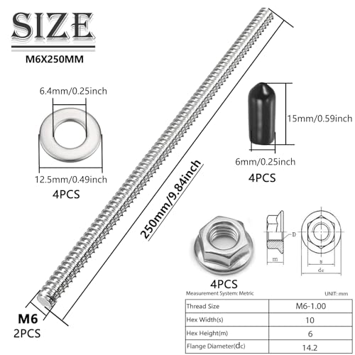 Apalie 2Pcs M6x250mm Fully Threaded Rod 304 Stainless Steel Long Threaded Screw with Lock Nuts, Flat Washer & Rubber End Caps for Anchor Bolts Clamps Hangers U-Bolts - Thumbnail 2