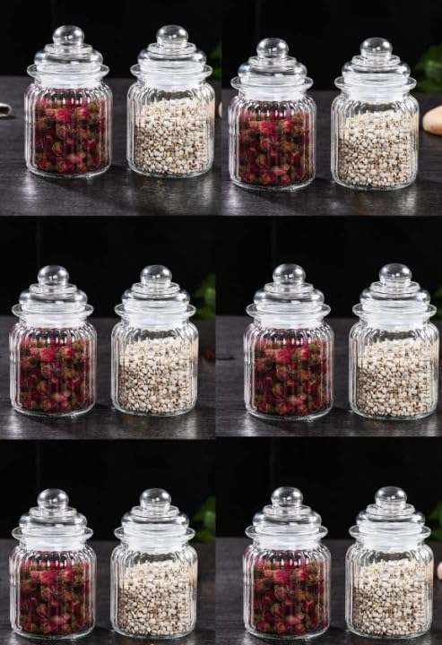 Image of Glass Container Jar With Lid For Kitchen Jars 350 ml For Kitchen Storage Pop Jar Glass Jar Food Storage Containers Spices,Jam,Honey,Aachar,Sugar,Coffee Beans set of 12 (round jar -)