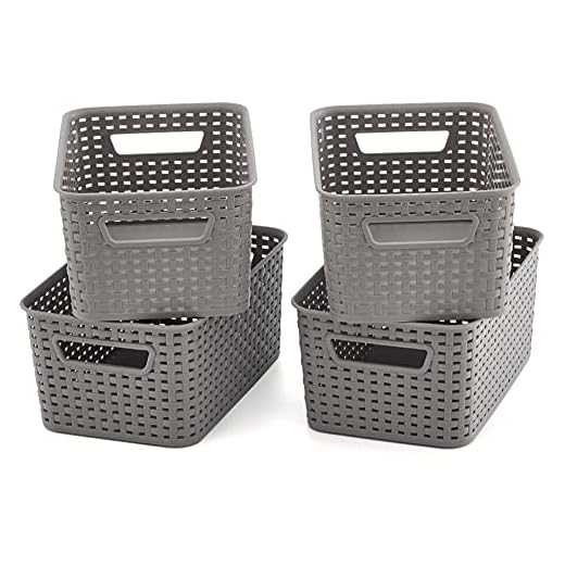 EZOWare 4 pcs Cestas de Almacenaje Multiuso, Cajas Organizadoras de Plástico con Efecto de Mimbre y Asas para Cocina, Baño - Gris