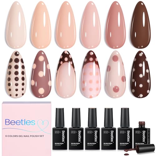 beetles Nude Gel Polish Set - Skin Tones Collection Nude Brown Neutral Polish 6 Colors Gel, Polka Dot Nails Design Soak off Uv Led Lamp Needed Manicure Diy Home