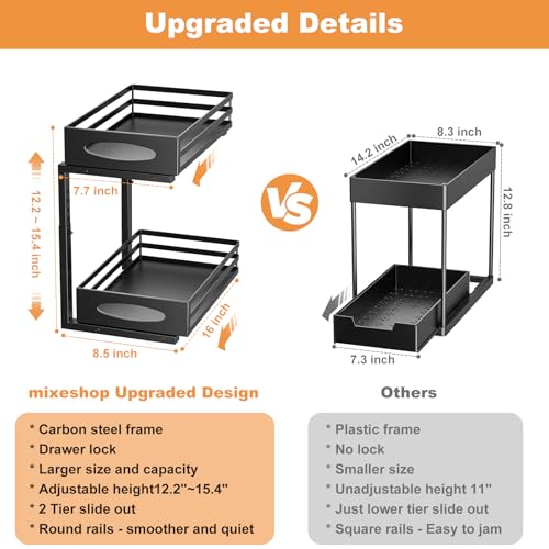 Image of Under Sink Organizer, 2 Tier Under Sink Organizers and Storage, Adjustable Height, Slide out Metal Cabinet Organizers, Pull out Cabinet Storage Drawer Shelf for Kitchen Bathroom (Black, 1 Pack)