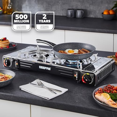 Geepas Portable Camping Gas Stove, Double Burner – BBQ Cooker, Outdoor Grill Plate – Automatic Ignition System, Butane Can - BBQ Caravan Outdoor - Image 3